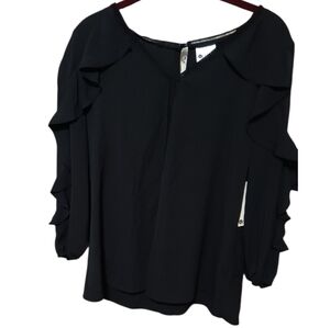 STYLUS Elegant Black Ruffle Open Sleeve Women's Blouse Top Size Med